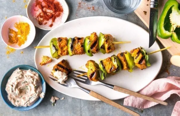 Curry-Rubbed Salmon Skewers With Spinach Raita - FoodWage recipe