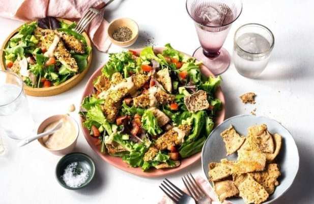 Dukkah-Crusted Chicken Shawarma Salad With Tahini Ranch - FoodWage recipe
