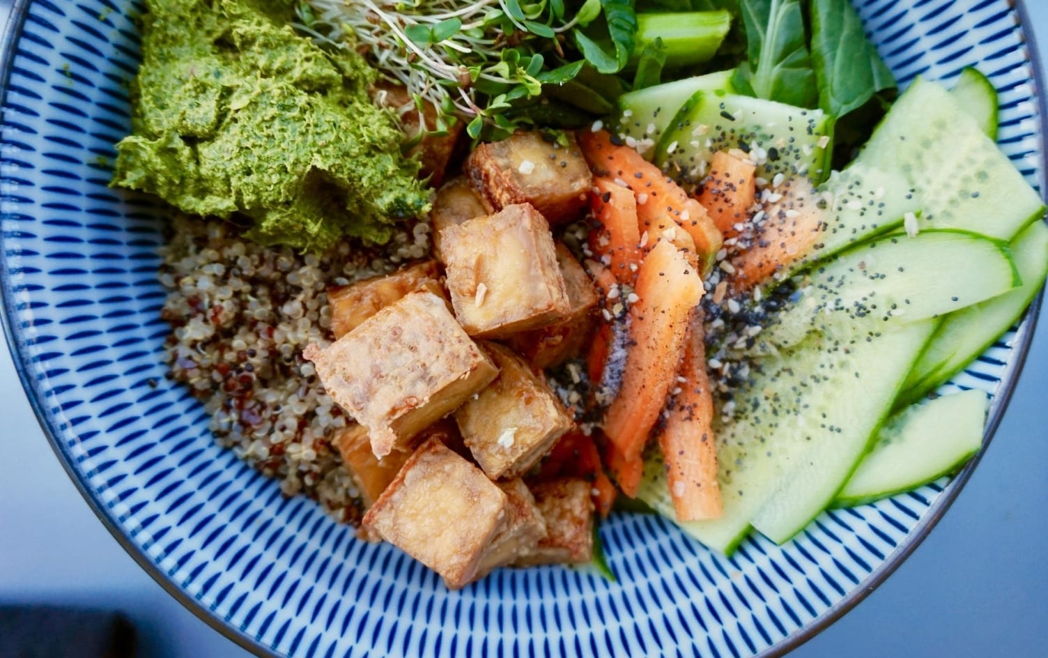 Golden Tofu Grain Bowl With Herby Almond Pistou - FoodWage recipe