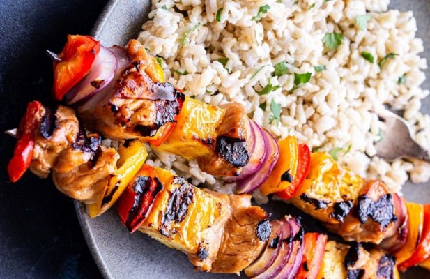 Hawaiian Chicken Kebabs & Cilantro Ginger Rice - FoodWage recipe
