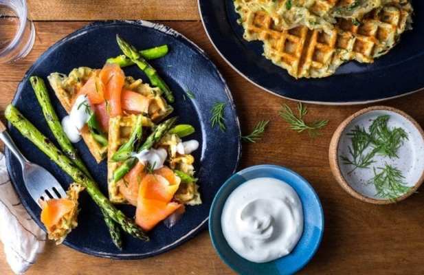 Latke Waffles With Salmon And Grilled Asparagus - FoodWage recipe
