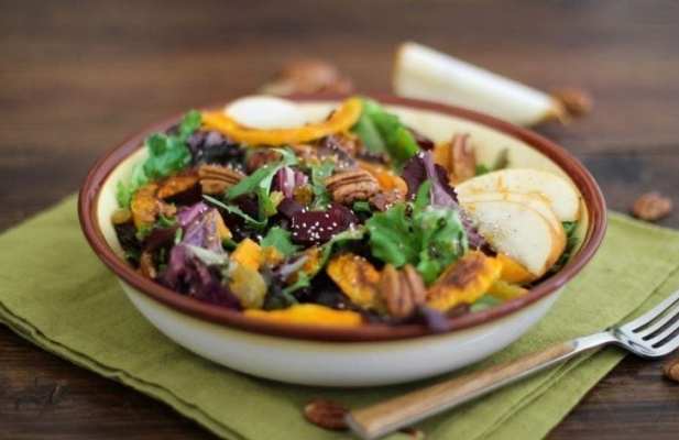 ROASTED FALL VEGETABLE SALAD WITH MAPLE ORANGE CINNAMON DRESSING - FoodWage recipe