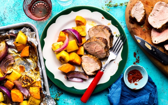Sheet Pan Pork Tenderloin With Sweet Potatoes And Pineapple - FoodWage recipe