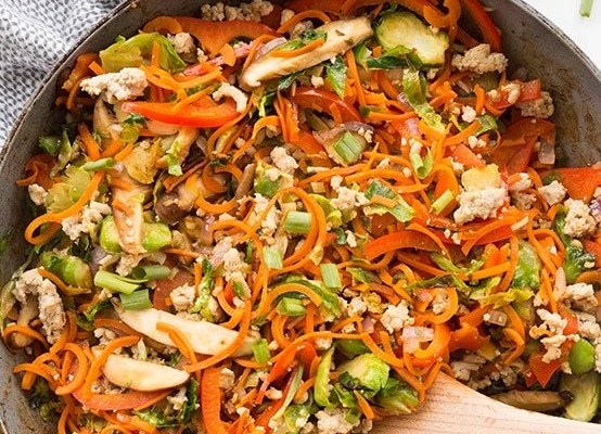 Spicy Stir-Fried Chicken And Shredded Brussels Bowls - FoodWage recipe
