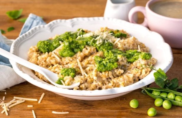 Steel-Cut Oat Breakfast Risotto With Pea Pesto - FoodWage recipe