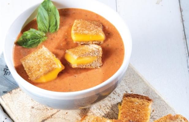 Tomato Basil Soup With Grilled Cheese Croutons - FoodWage recipe