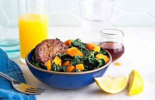 Warm Kale And Sweet Potato Salad With Veggie Sausage - FoodWage recipe